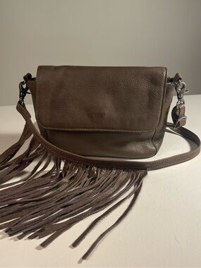Day & Mood Taupe Leather Flap Crossbody with Long Fringe Accents